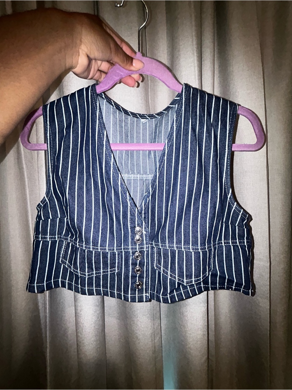 Striped Navy Crop Vest with Button Front - Women